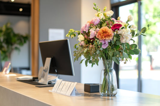 Modern office reception desk with elegant mixed flower arrangement in glass vase featuring roses, lisianthus, and greenery