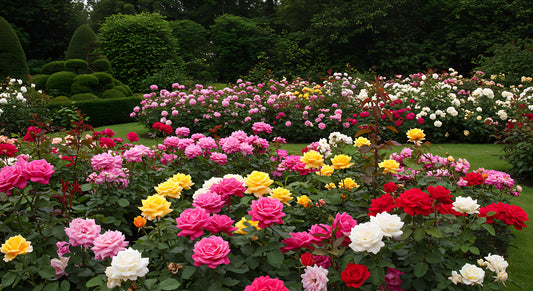 Formal garden filled with blooming roses in pink, red, yellow, and white, representing elegant holiday rose centerpieces and gifting inspiration