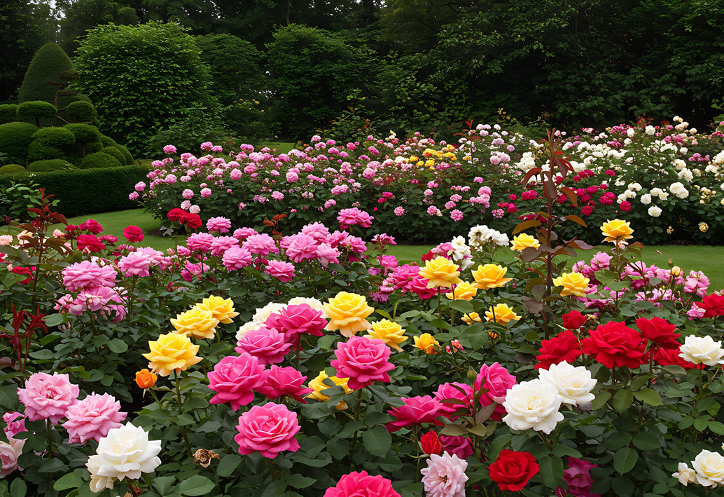 Formal garden filled with blooming roses in pink, red, yellow, and white, representing elegant holiday rose centerpieces and gifting inspiration