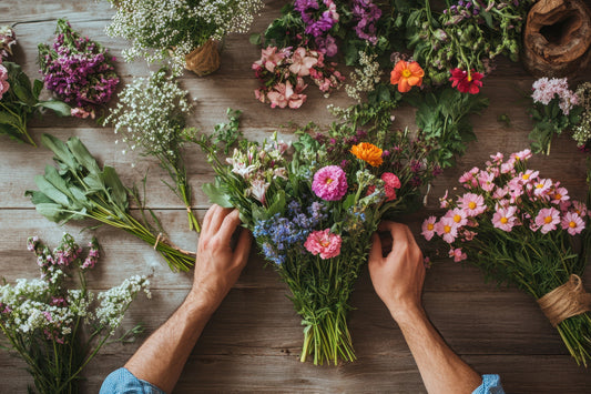 Hands arranging colorful spring flowers including ranunculus, cosmos, and wildflowers on a rustic wooden table