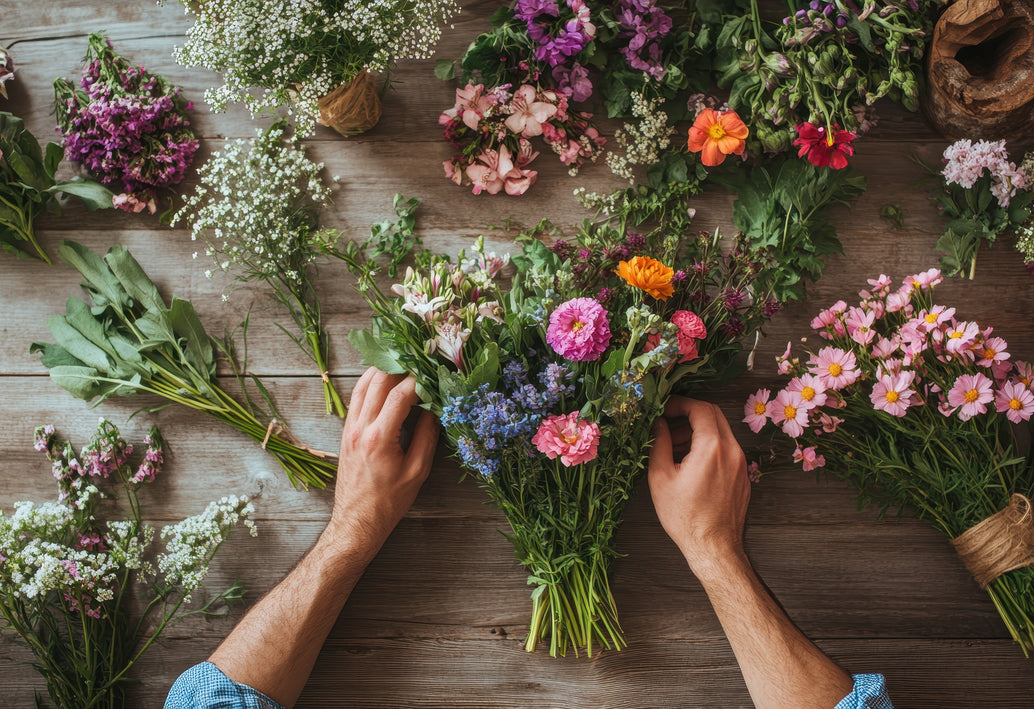 Hands arranging colorful spring flowers including ranunculus, cosmos, and wildflowers on a rustic wooden table