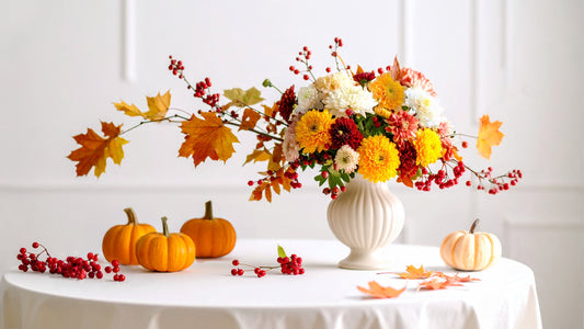 Elegant holiday centerpiece with autumn flowers, berries, and pumpkins by Allan Woods Flowers in Washington DC