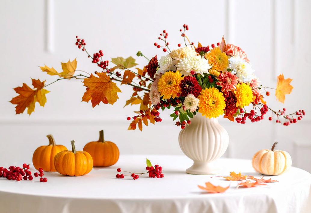 Elegant holiday centerpiece with autumn flowers, berries, and pumpkins by Allan Woods Flowers in Washington DC