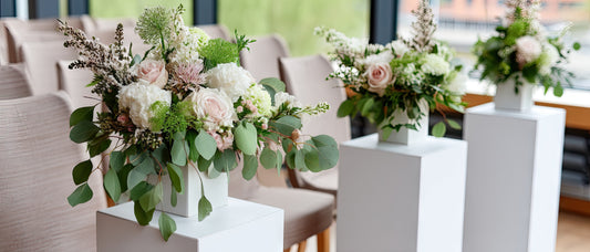 Luxury white and green flower arrangements with roses and hydrangea displayed on modern pedestals