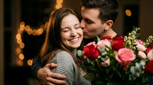 Man kissing woman on cheek while holding red and pink anniversary roses, romantic anniversary flower bouquet with warm evening lights