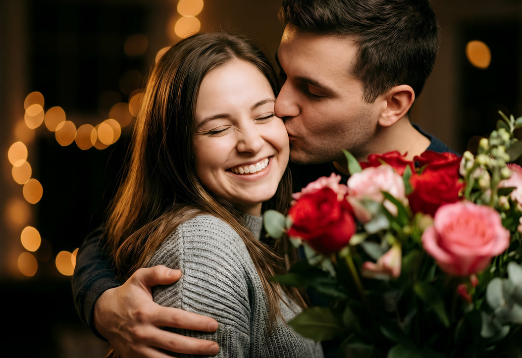 Man kissing woman on cheek while holding red and pink anniversary roses, romantic anniversary flower bouquet with warm evening lights