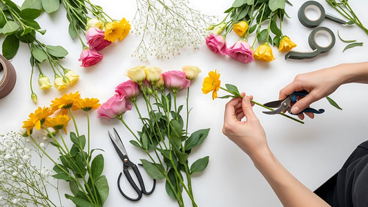 Florist trimming fresh flowers with pruning shears on white table, roses and daisies arranged for home care