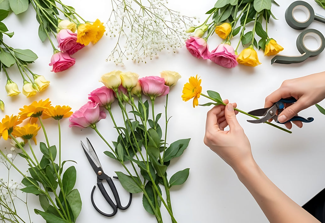 Florist trimming fresh flowers with pruning shears on white table, roses and daisies arranged for home care