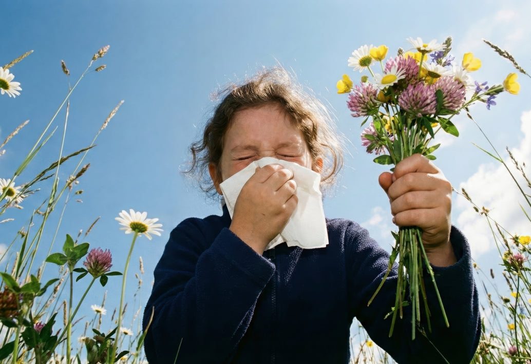 Child sneezing into tissue while holding wildflowers in a meadow, illustrating seasonal pollen allergies and the impact of high-pollen flowers