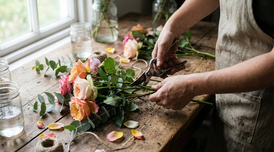 Florist trimming fresh garden roses with pruning shears on rustic wooden table, preparing cut flowers for longer vase life