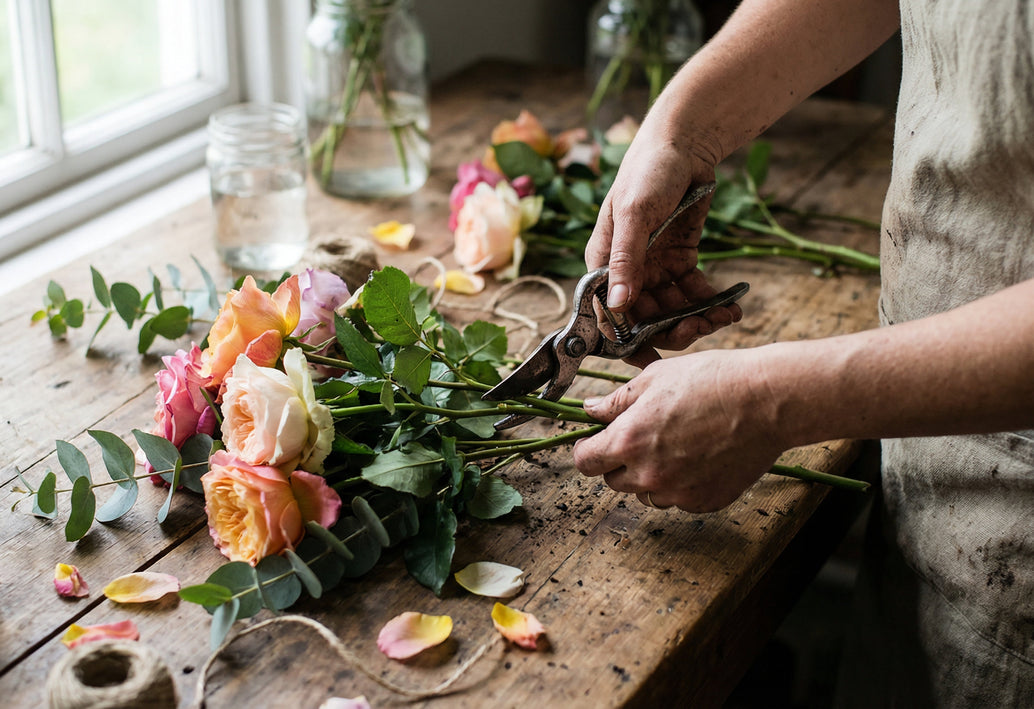 Florist trimming fresh garden roses with pruning shears on rustic wooden table, preparing cut flowers for longer vase life
